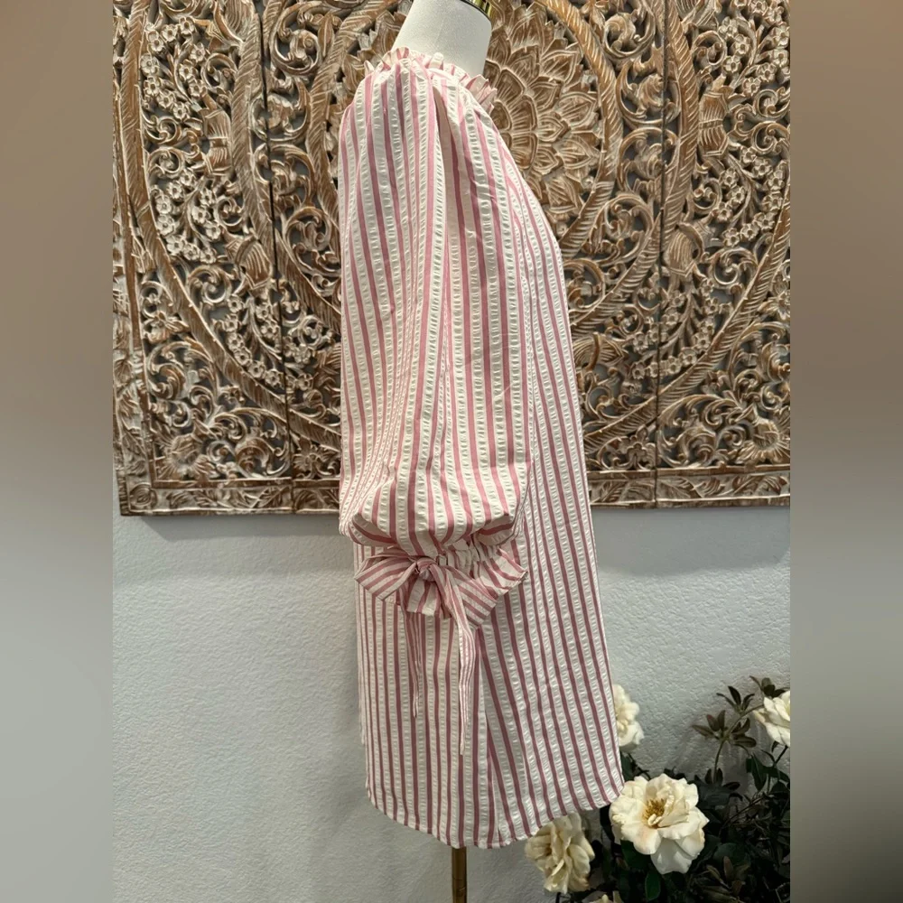 Entro White & Pink Stripe SearSucker Mini Dress, Exaggerated Balloon Sleeves - Picture 6 of 16